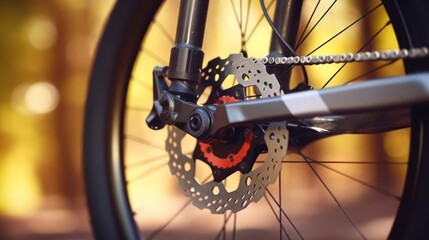 Part of the bicycle's braking system. Grey metal brake disc and brake pads on road bike - obrazy, fototapety, plakaty