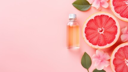 banner composition with grapefruit essential oil on a pink background. Place for text. defocus, soft focus. mock up. concept of care cosmetics, for skin, face, women