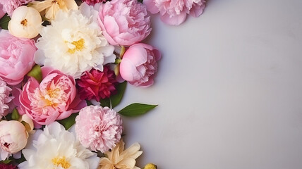 Obraz na płótnie Canvas Elegant Floral Arrangement with Lush Peonies and Petals on White Background flatlay top view banner copy space background.