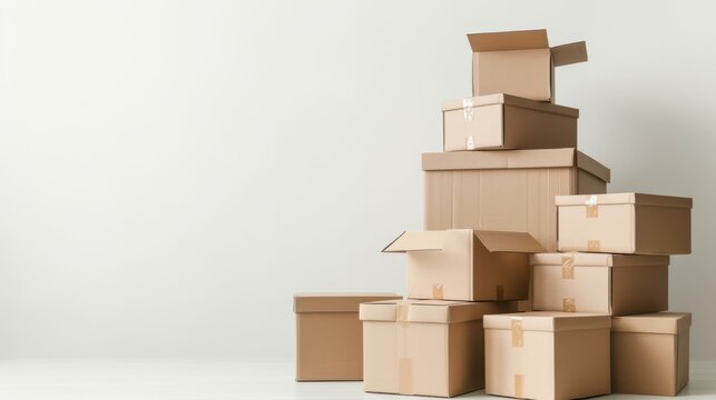 A collection of various sized cardboard boxes stacked haphazardly on a white background. Potential use in moving, storage, and delivery concepts.