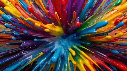 Vibrant, dynamic, explosion of multicolored paints in motion. Abstract, creativity, design, energy, innovation, art. Intense visual experience, contrasting bright colors on dark background