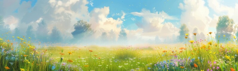 Fototapeta na wymiar Panoramic digital artwork of a wildflower meadow with a variety of blooms under a soft, cloudy sky, emitting a dreamy feel. Perfect for panoramic wall art, backgrounds, or environmental topics.