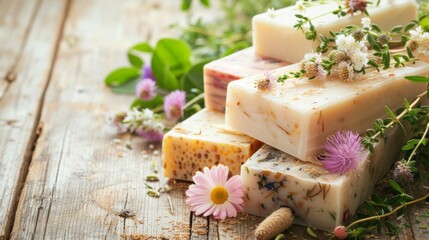 Handcrafted natural soaps surrounded by fresh flowers and herbs, organic and beauty concept.