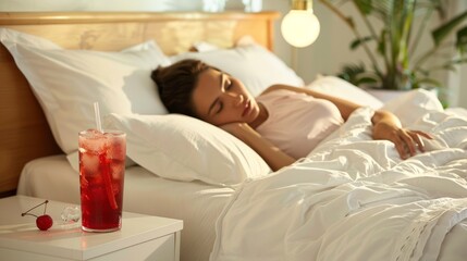Obraz na płótnie Canvas Young woman peacefully sleeping after drinking a Sleepy girl mocktail, perfect pre-bedtime drink for sleep improvement