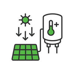 Solar Power to Boil Water icon in line design green. Solar, power, boil, water, energy, sun, heat, panel isolated on white background vector. Solar Power to Boil Water editable stroke icon.