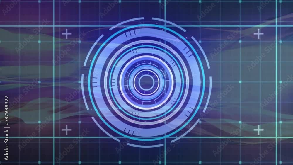 Poster animation of scope scanning with data processing over grid on blue background