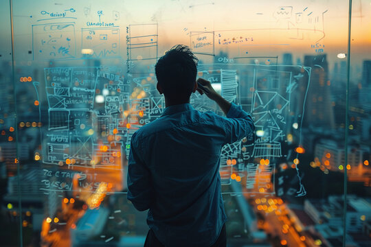 Strategist Planning Business Moves Overlooking Cityscape with Digital Data Overlay
