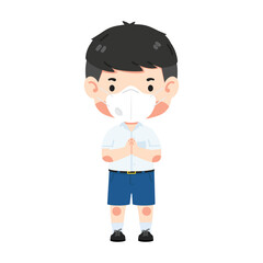 Cute student boy wearing face mask greeting sawasdee