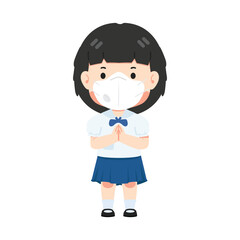 Cute student girl wearing face mask greeting sawasdee