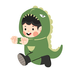 Cute boy  wearing dinosaur costume run