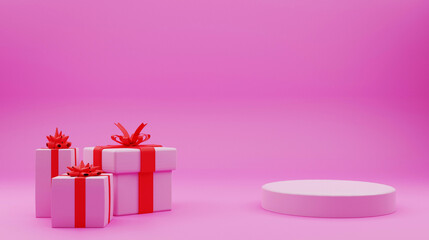 3d pink color giftd and pink podimum background