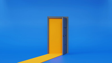 3D Open Door Against Blue Background with White Color Lines