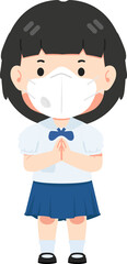Cute student girl wearing face mask greeting sawasdee