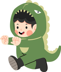 Cute boy  wearing dinosaur costume run