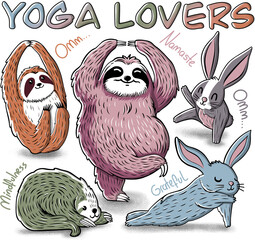Set of cute lazy animals. Sloths and rabbits yoga lovers print for t-shirt and products.