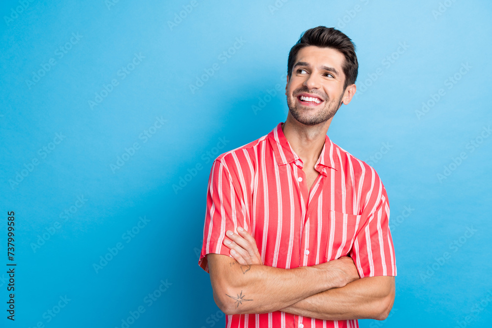 Canvas Prints Photo of funky dreamy guy wear red shirt arms folded looking empty space isolated blue color background