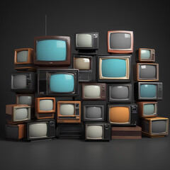 Pile of old retro TVs on dark background
