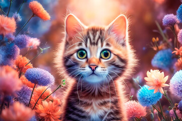 Portrait of a cute and touching kitten on a fantastic floral background