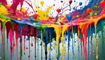 Colorful acrylic paint dripping with liquid drops.