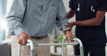 Hands, nurse and walking frame with senior person for healthcare service, retirement support and homecare. Medical worker or caregiver helping an elderly patient with disability for physiotherapy