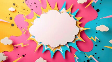 White comic speech bubble on pink, blue and yellow background with lightning. Handmade paper cutout...