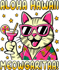 Aloha Hawaii, Funny cat with a cocktail. Hand drawn t-shirt illustration.