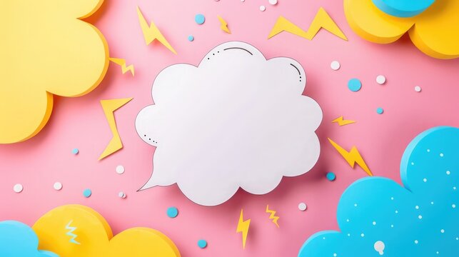 White comic speech bubble on pink, blue and yellow background with lightning. Handmade paper cutout illustration. Pop art concept. Cartoon flat lay style. Frame for your web banner.