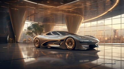 Futuristic car is seen in a modern building, in the style of rich and immersive, naturalistic rendering