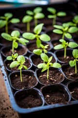 A top-down shot of a tray of cucumber seedlings, with a small trowel and a packet of seeds to the side, set against a light, uniform background. 