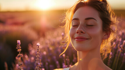 Portrait of happy woman with closed eyes enjoying the beauty of nature, standing in lavender field at sunset