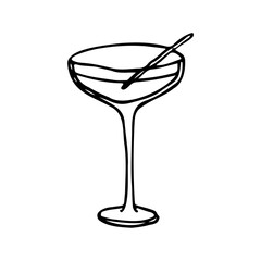 cocktail in a martini glass on a long stem with a stick or toothpick. hand drawn cocktail drawing - obrazy, fototapety, plakaty