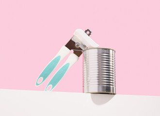A can opener and a metal can of canned food. Dinner preparation.