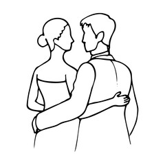 woman and a man stand hugging and looking at each other. hand drawn bride and groom in profile drawing