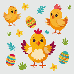 set flat isolated illustration easter chick eggs flower grass
