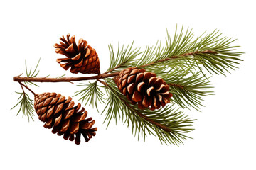 Two Pine Cones on a Branch of a Pine Tree. Two pine cones are seen resting on a branch of a pine tree, showcasing the natural elements and textures of the tree.