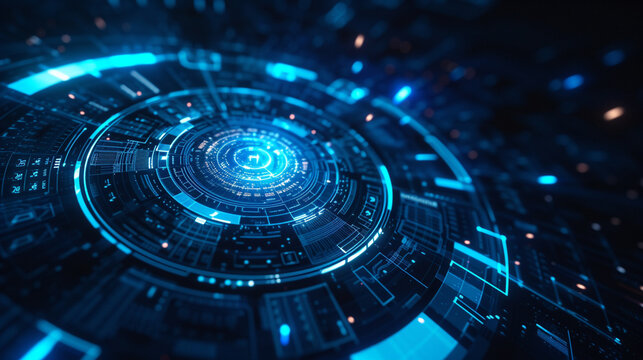 A circular HUD interface with glowing neon blue lines intersecting and forming intricate patterns against a dark blue background