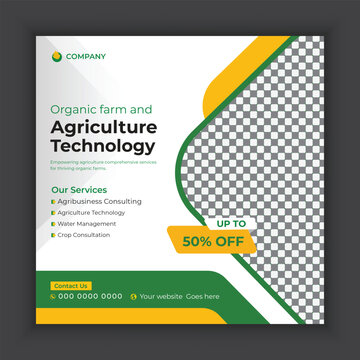 Organic farm and agricultural technology or farming web banner template design. Agro, bio, eco farm services social media post banner template