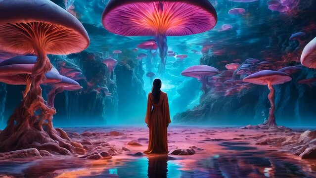 Mushroom fantasy landscape hallucinating woman in robe zoom in