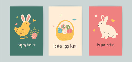 Set of hand-drawn Happy Easter vertical backgrounds. Greeting card with chicken, bunny and leaves in doodle style. Egg hunt template for social media with basket filled colorful patterned eggshells