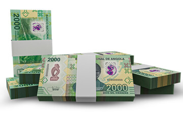 3D rendering of Stacks of Angolan Money 2000 Kwanzas Banknotes
