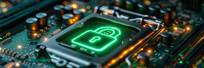 Fototapeta premium Delving into the intricate world of technology, a detailed snapshot captures the pulsing circuitry of a computer chip, showcasing the inner workings of electronic engineering and the powerful hardwar
