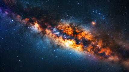 Fototapeta na wymiar A cosmic dance of fireworks against the Milky Way's gentle glow