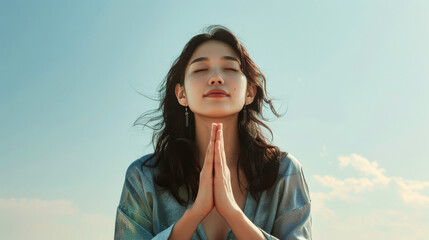 A young woman with her hands in a prayer position, praying and giving thanks to her God, against background of blue sky