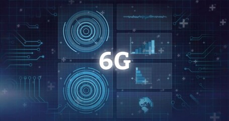 Animation of 6g text and light over scanners, network and data processing on dark background