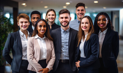Young happy professional international team business people. Workers standing in corporate office, diverse multiracial smiling employees.
