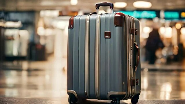 blue travel luggage bag with airport background, time-lapse of people moving behind