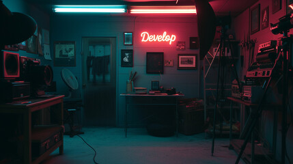 A darkroom with a neon "Develop" sign