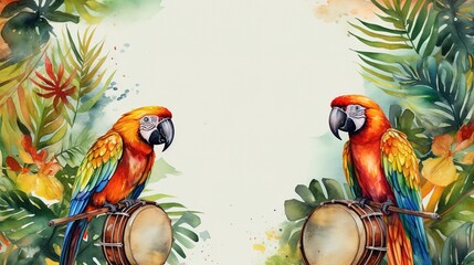 Vibrant flat lay of Brazilian Carnival with a parrot, palm leaves, and a drum, white background with space for text