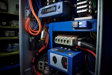 A Detailed View of a Switch Mode Power Supply Unit in an Industrial Setting, Surrounded by Various Electrical Components and Tools - obrazy, fototapety, plakaty