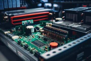 Fototapeta premium A close-up view of a modern digital converter in an industrial setting, surrounded by wires, circuit boards, and other electronic components